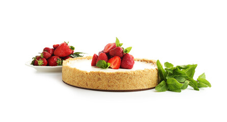 Tasty cheesecake with strawberries and mint isolated on white