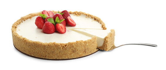 Tasty cheesecake with strawberries, mint and server isolated on white