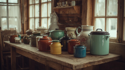 Vintage enamel kitchenware collection on rustic wooden table in cozy farmhouse kitchen with natural light