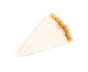 Piece of tasty cheesecake isolated on white, top view
