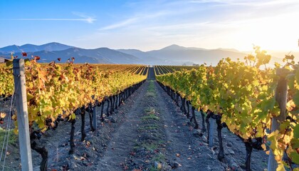 colorful vineyard in autumn, landscape with hills, beautiful sunrise