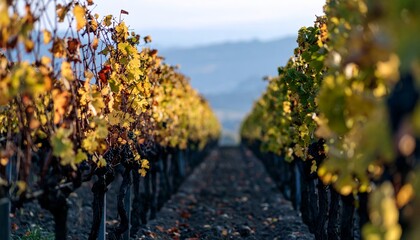 Naklejka premium colorful vineyard in autumn, landscape with hills, beautiful sunrise