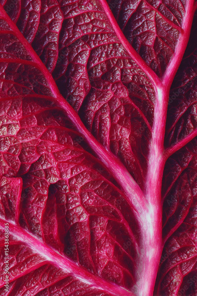 Poster close up view of a vibrant red leaf showing its intricate vein structure and textured surface detail