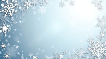 Elegant Winter Postcard Background, Shimmering Silver Ice-Blue Gradient, Graceful Snowflakes