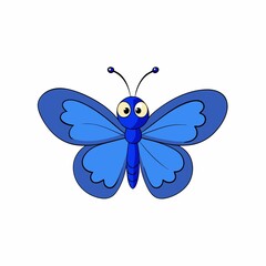 Cute blue cartoon butterfly isolated on white background