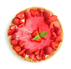 Delicious cheesecake with strawberries and mint isolated on white, top view