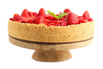 Delicious cheesecake with strawberries and mint isolated on white