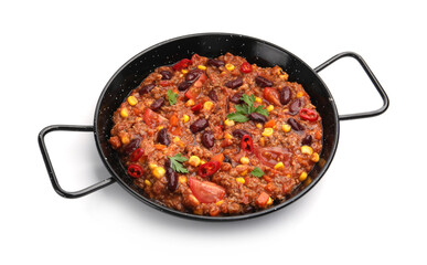 Tasty chili con carne in baking dish isolated on white