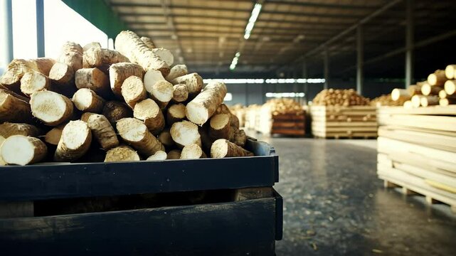A wooden produce crate filled with cassava roots waiting process in industrial factory, Freshly harvested cassava roots stacked in a wooden crate, Agricultural exports, Root vegetables	