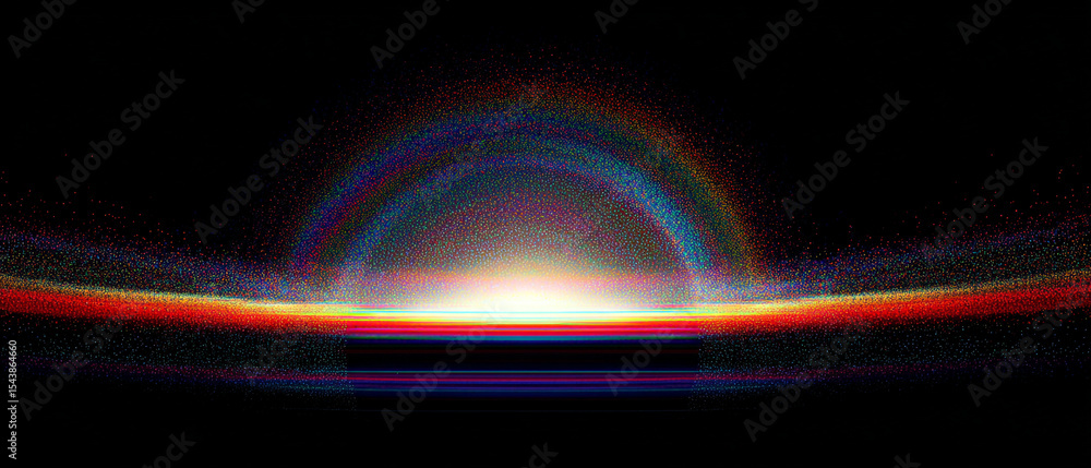Poster abstract rendering of a black hole with colorful light arcs and a dark cosmic background showing sta