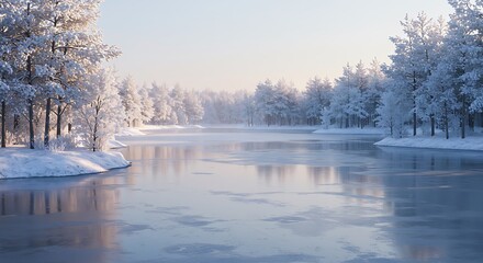 Serene winter landscape frozen lake and snow covered trees