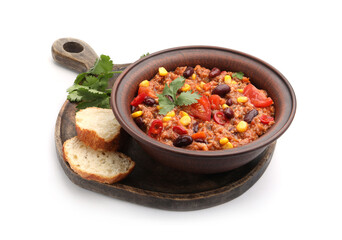 Tasty chili con carne in bowl and bread slices isolated on white
