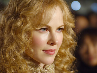 Close up portrait of a woman with blonde curly hair and blue eyes at a public event with bokeh lights