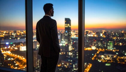 Businessman gazing at a vibrant city skyline during sunset from a high-rise office window