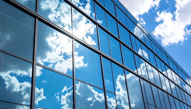 Modern glass building reflecting fluffy clouds under a bright blue sky with city backdrop