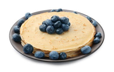 Delicious crepes with blueberries isolated on white