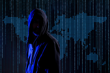 Cyber attack. Anonymous hacker against virtual world map and binary code