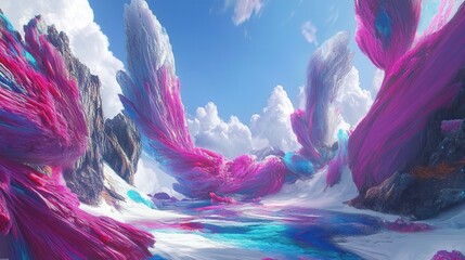 Vibrant landscape of abstract, painted formations under a vibrant sky.