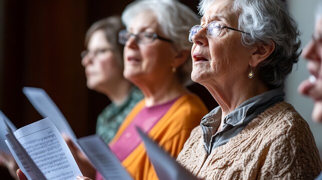 Caucasian senior women sing in a choir, reading sheet music intently in harmony