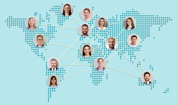 Global network: business, communication, team. Circles with portraits of people connected to each other on world map, light blue background
