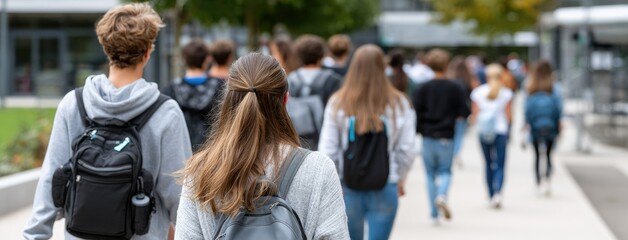 Students walking on a sunny day to high school, backpacks on, excited for the new academic year ahead with friends in the background