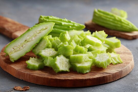 Fresh, light green bitter melon, sliced and diced on a rustic wooden board, ready for cooking