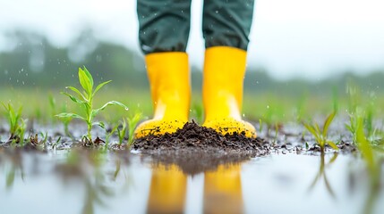 Close Up of Yellow Boots Standing on Soil in a Puddle