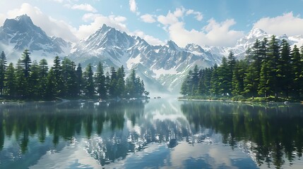 Serene mountain lake with evergreen trees and snow capped peaks