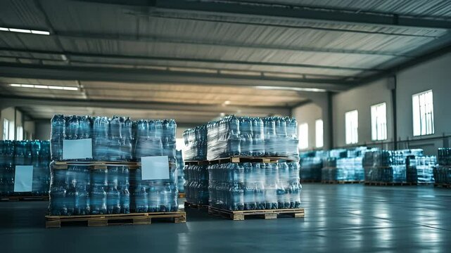 The stacks of plastic water bottles wrapped with wrapping in warehouse, Water bottle packs on pallets, packaging of products piled in the factory area waiting delivery to convenience store for selling