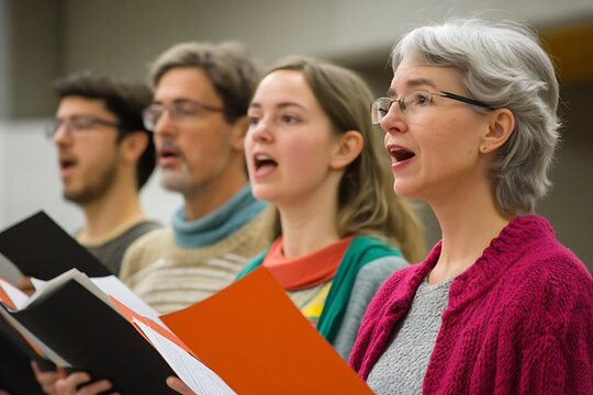 Diverse quartet of people sings with passion holding sheet music in rehearsal together now