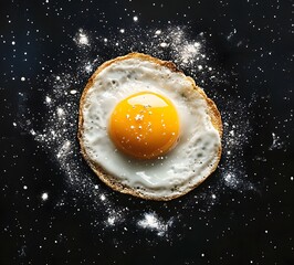 Galactic fried egg, cosmic breakfast concept. The bright yolk contrasts against the cosmic black surface, forming a striking visual metaphor that connects the universe and everyday breakfast.