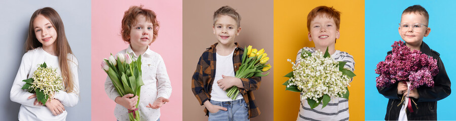 Cute children with bouquets of flowers on different color backgrounds. Collage of photos