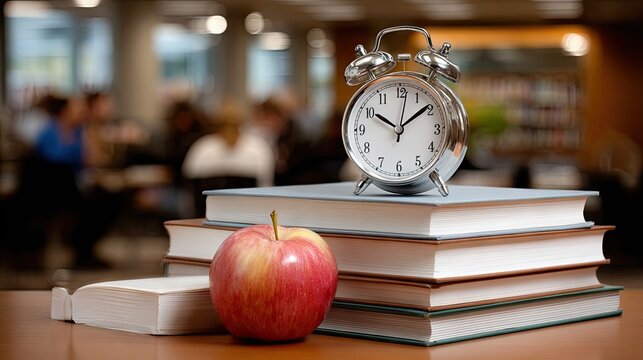 Stack of books with an alarm clock and apple on a desk in a school office with students working in a classroom background