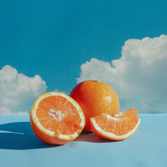 Fresh Orange Slices with Blue Sky and Clouds