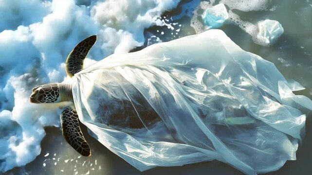 A sea turtle trapped in a plastic bag, Marine pollution, Plastic waste impact, Environmental issue of plastic pollution problem, Stop ocean plastic pollution concept	