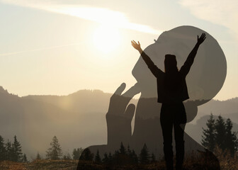 Mental health. Woman enjoying mountain landscape at sunrise, double exposure with silhouette of girl