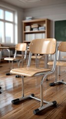 Blurred view of an empty modern classroom with neatly arranged desks and chairs, creating a serene atmosphere perfect for students preparing for a new academic year