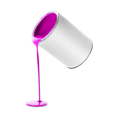 Magenta color paint pouring out of can on white background