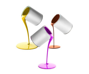 Paints of different colors pouring out of cans on white background, collage