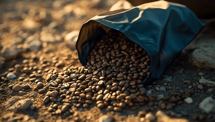 Coffee beans spilling from bag outdoors.