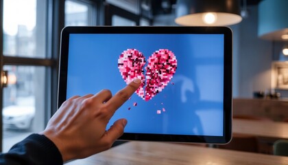 Hand touching tablet screen displaying animated heart shape  