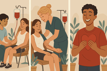 Obraz premium Illustrated series showing the process of blood donation, featuring a donor, healthcare worker, and the donation aftermath.