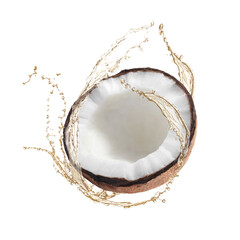 Coconut oil splash and nut on white background