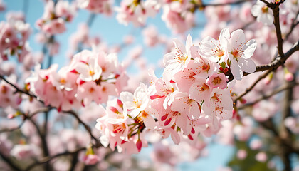 Obraz premium Abundant Pink Cherry Blossoms on Branches Under Blue Sky