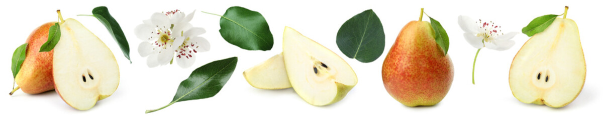 Fresh pears and green leaves on white background, set
