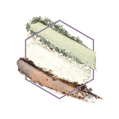 Crushed eye shadows and frame on white background. Color palette of makeup product