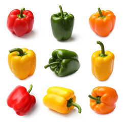 Fresh ripe bell peppers isolated on white, collage