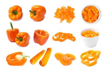 Sliced and whole orange bell peppers on white background, collage