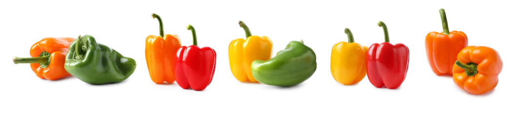 Fresh ripe bell peppers isolated on white, collage