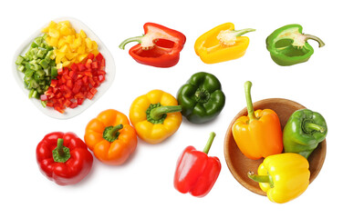 Fresh bell peppers isolated on white, collage. Whole and sliced